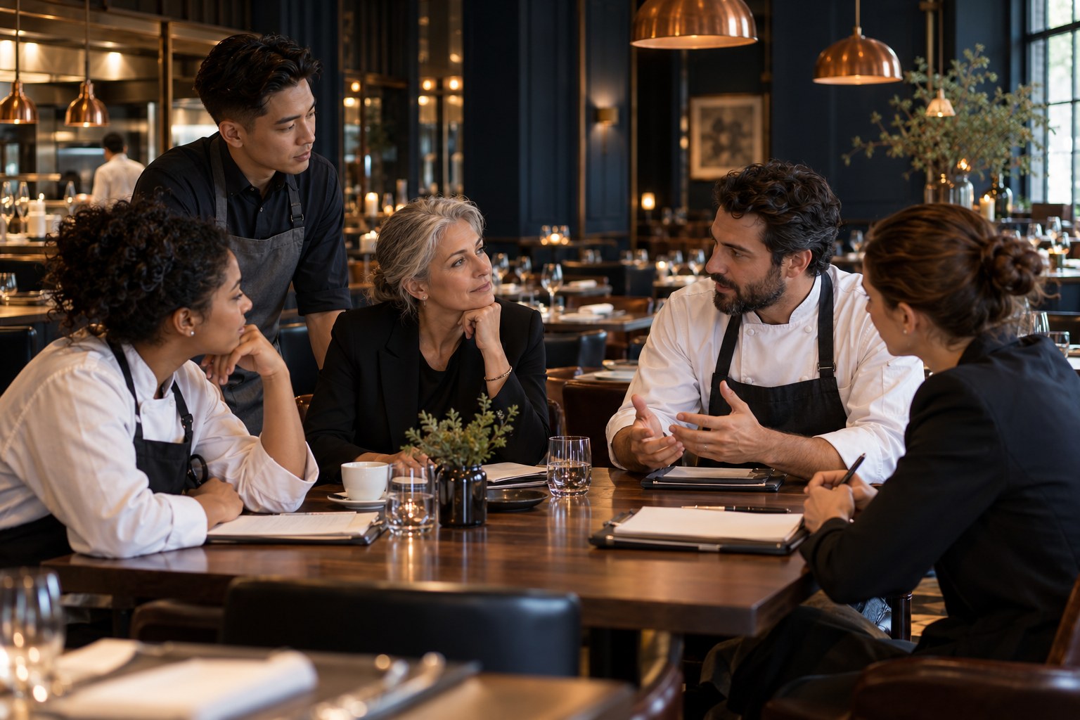 Restaurant leaders engaged in a focused team coaching conversation